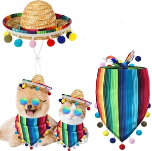 Striped Serape Bandana Mexican Straw Sombrero Hat Sunglasses For Small Dogs Cats Colorful Pom Pom Decor Party Outfit