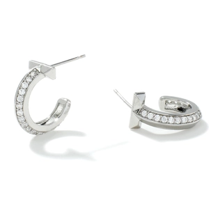 Silver semicircular T-shaped stud earrings with cubic zirconia in a French vintage style