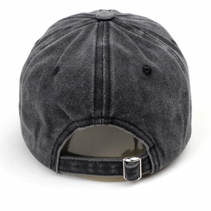 Washed dark grey cotton baseball cap with vintage embroidery and metal buckle closure