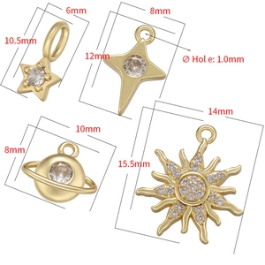 Set of gold zircon star and moon pendants for jewelry making with precise dimensions