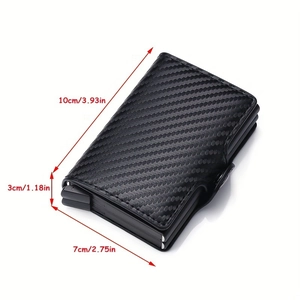 Detailed view of carbon fiber RFID wallet dimensions 10x7x3cm with measurement lines