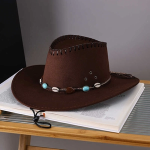 Dark brown western cowboy hat with ethnic beaded band and adjustable chin strap