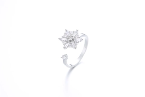 Macro detail of silver rotating snowflake ring with zircon stones for stress relief