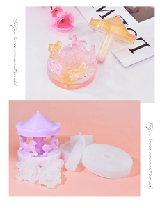 Detailed view of carousel silicone mold kit with pink and yellow resin finished crafts