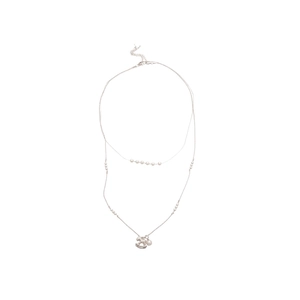 Double layered pearl necklace with a sparkling rocking horse pendant in silver finish