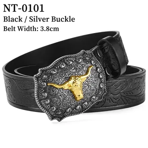 Western cowboy belt in black leather with silver bull head buckle and floral embossing
