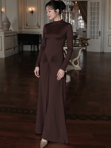 Elegant French style long sleeve floor-length dress in chocolate silk with slim fit waist