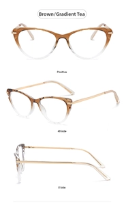 Detailed views of brown gradient cat eye glasses with metal temples from three angles