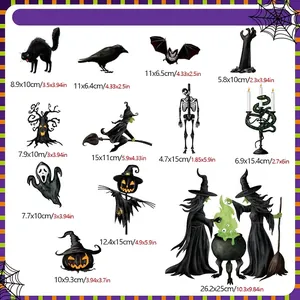 Detailed size guide for Halloween magnetic stickers featuring gnome and skull dimensions