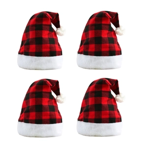 Set of four red and black plaid Christmas hats with white plush trim on white background