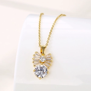 Bow Pendant Necklace Stainless Steel With Cubic Zirconia Simple Elegant Clavicle Chain Jewelry Gift For Women Gold Tone