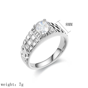 Macro detail of industrial style titanium ring with 8mm width and 7g weight marking