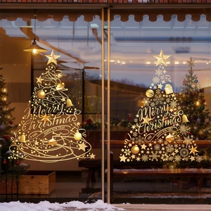 Christmas Tree Window Static Stickers Gold Snowflakes Stars Pattern PVC Glue Free Festive Holiday Store Decoration