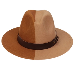 Detail of two-tone wool fedora showing brown leather band and fine felt texture