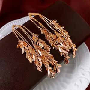 Wheat Spike Leaf Tassel Dangle Earrings For Women Gold Plated Copper Jewelry With Silver Earring Post Elegant