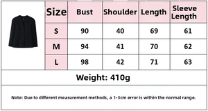 Detailed size chart for V-neck blazer with puff sleeves showing bust and length measures