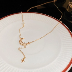 Élégant collier plaqué or avec pendentif lune et étoile en zircon dans un bol en céramique