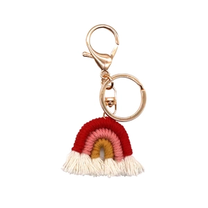 Handmade woven rainbow keychain with colorful cotton rope tassels and gold lobster clasp