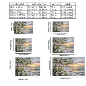 Detailed size chart for coastal sunset tapestry showing width, height and weight specs