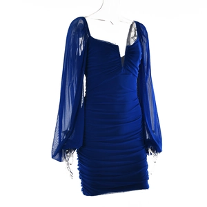 Detail of royal blue mini dress featuring deep V-neck, mesh sleeves and ruched texture