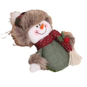 Plush Christmas snowman hanging ornament with red plaid hat and green burlap body decor