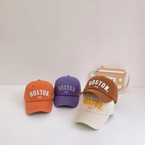 Kids baseball caps in orange, purple, brown and beige colors with Boston embroidery