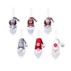 Set of six Christmas gnomes with reindeer antlers and snowflake patterns on white background