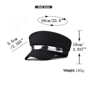 Detail view of black baker boy hat with silver metal band and 58cm size measurements