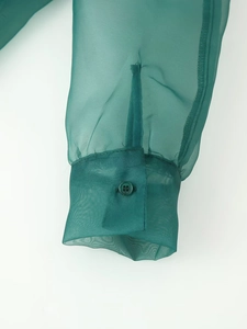 Detail der grünen Organza-Bluse mit transparentem Puffärmel und Knopfmanschette