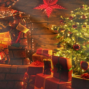 Detail of Christmas tree tapestry showing warm fireplace, gift boxes, and festive wall decor