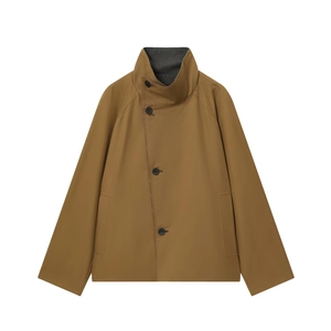 Women Short Trench Coat Jacket Stand Collar Single Breasted Reversible Twill Casual Minimalist Outerwear For Lady