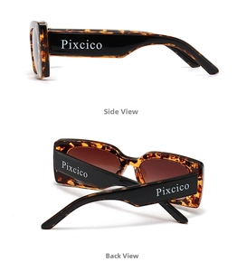 Detail view of tortoiseshell polygon sunglasses with thick temples and side logo
