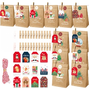 DIY Christmas Advent calendar set with kraft bags, stickers, tags, clips and cotton twine