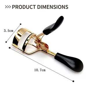 Portable golden stainless steel eyelash curler with black handles measuring 10.7cm in length