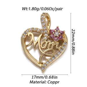 Ciondolo a cuore placcato oro Mom con fiore rosa e zirconi bianchi incastonati