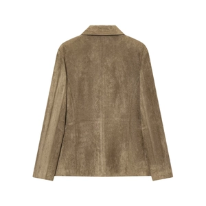 Vista posteriore di un blazer in camoscio marrone a maniche lunghe con cuciture precise