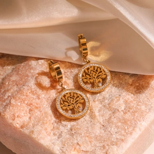 Gold plated Tree of Life drop earrings with sparkling zircon crystals on pink salt rock