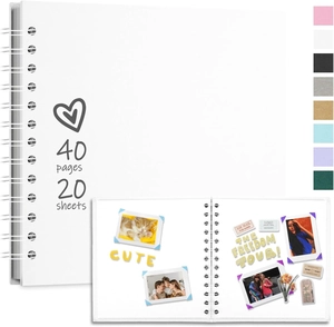 Detail of white DIY scrapbook with 40 pages and 20 sheets shown with color options