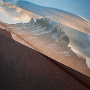 Detailed close-up of mountain print tapestry fabric with soft plush texture and thick backing