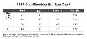 Size chart for high-elastic sports bra showing bust and length measurements in centimeters