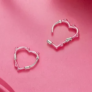 Pink enamel heart-shaped bamboo style hoop earrings in premium 925 sterling silver