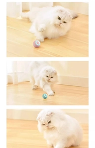 Close-up of smart interactive rolling cat ball with pink and blue silicone textures