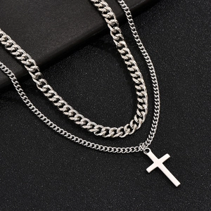 Double Layer Necklace Stainless Steel Cuban Chain Geometric Pendant Hip Hop Fashion Jewelry Trendy Style Unisex Accessories