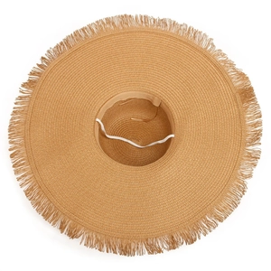 Women's summer wide brim straw beach hat with frayed edges and elastic wind rope
