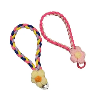 Handmade woven flower wrist strap with colorful cotton lanyard and circular keyring