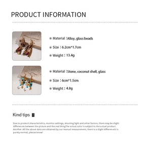 Detailed chart showing bohemian bead earrings dimensions and alloy material specifications