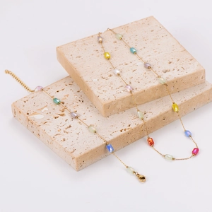 18K Gold Plated Stainless Steel Necklace And Bracelet Featuring Colorful Square Cut Crystal Glass Beads Sweet Style