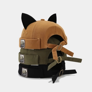 Creative Miki Hat with cat ears decoration in khaki, green and black canvas fabric
