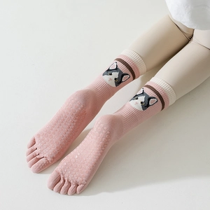 Cotton Five-toe Yoga Socks Women Anti-slip Grips Cartoon Animal Embroidery Striped Mid-calf Crew Breathable Sports