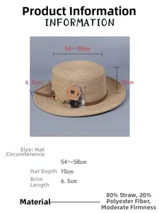 Vue détaillée du chapeau de paille: tour de tête 54-58cm et bord large de 6,5cm